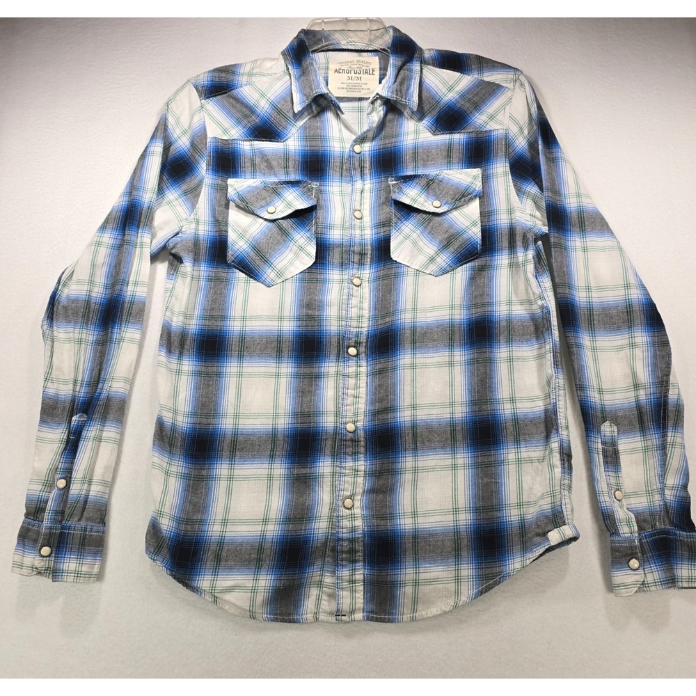 Aeropostale Mens Blue Plaid Pearl Snap Western Shirt Graphic Back Size Medium